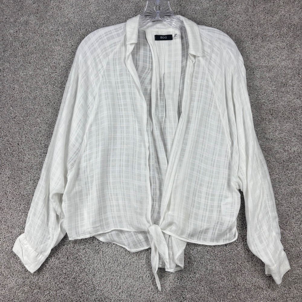BDG Urban Outfitters White Plaid Tie Front Open Back Rayon Top Medium